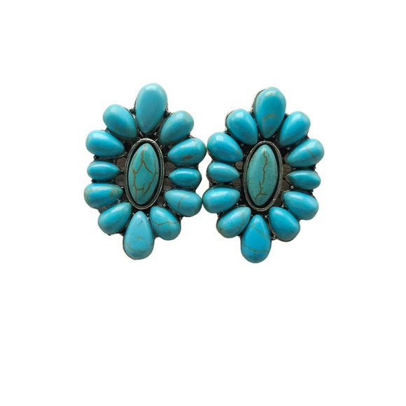 Faux Blue Turquoise Oval Cluster Post Earrings Post Closure Silver Tone Vintage - Picture 1 of 4